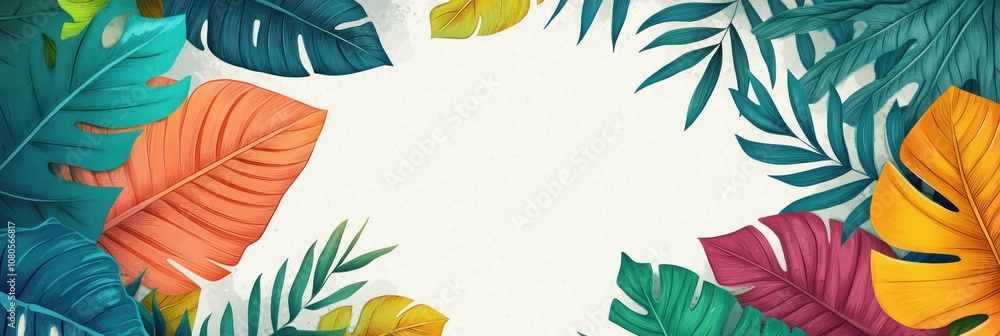 Fototapeta premium A vibrant arrangement of tropical leaves framing a blank space, ideal for invitations or decor.