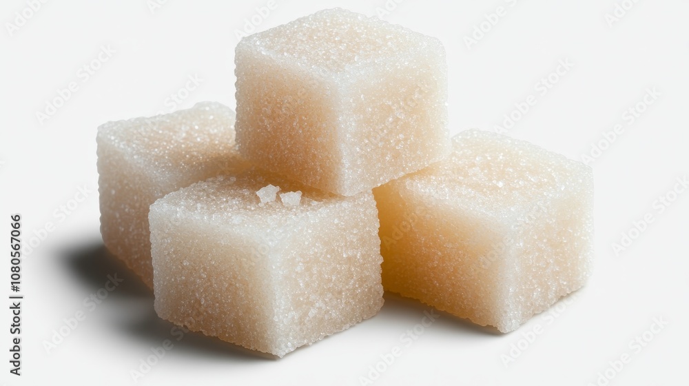 Close-Up View of Four Sugar Cubes Stacked on a Soft Beige Background, Highlighting Their Textured Surface and Subtle Sparkle Reflecting Light Close-Up View of Four Sugar Cubes Stacked on a Soft Beige Background, Highlighting Their Textured Surface and Subtle Sparkle Reflecting Light