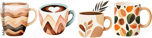 Coffee lover and beans addict, Four decorative coffee mugs with unique patterns and colors showcasing modern, artistic designs. photo