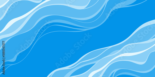 Abstract Blue Background with Water Waves drawn in Cartoon Flat Style.