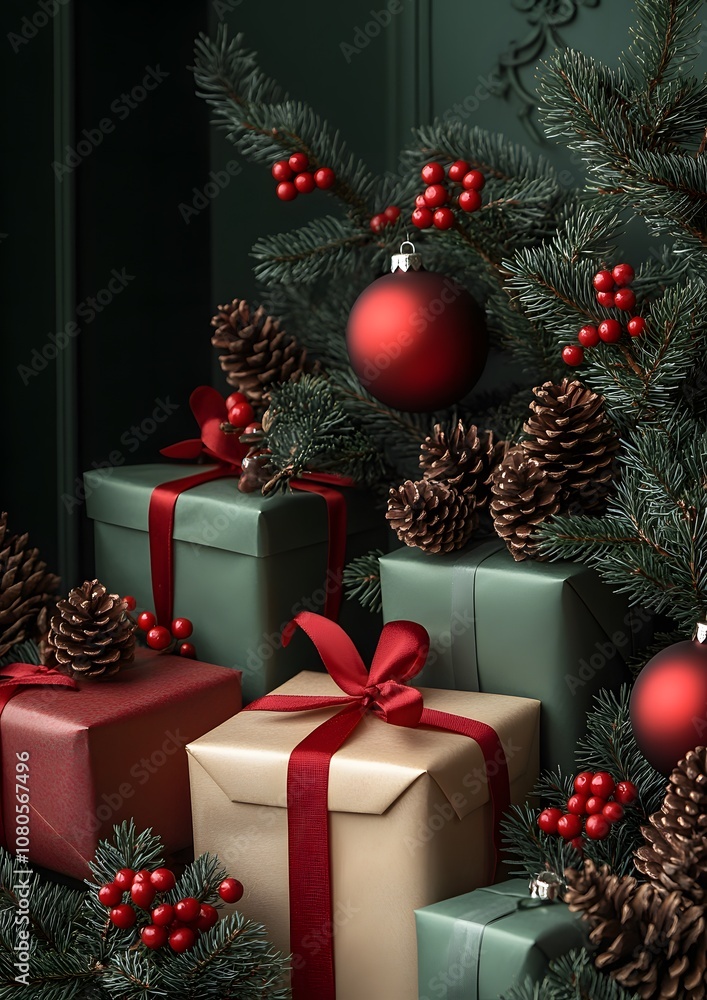 A Christmas tree with a red ball on top and pine cones on the branches. There are several boxes of gifts on the tree, including a gold box. Scene is festive and joyful A Christmas tree with a red ball on top and pine cones on the branches. There are several boxes of gifts on the tree, including a gold box. Scene is festive and joyful