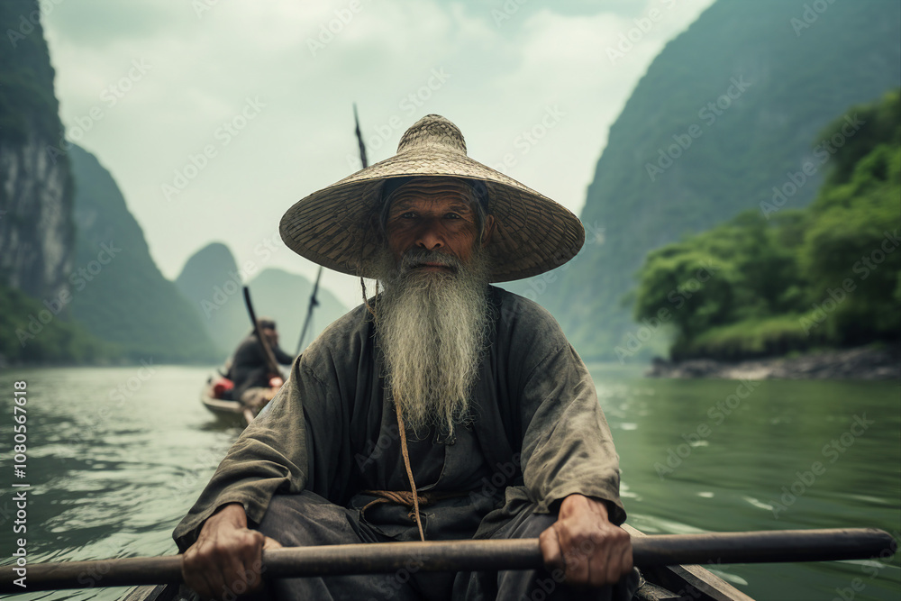 An older man sailor is seated in a boat generative AI illustration An older man sailor is seated in a boat generative AI illustration