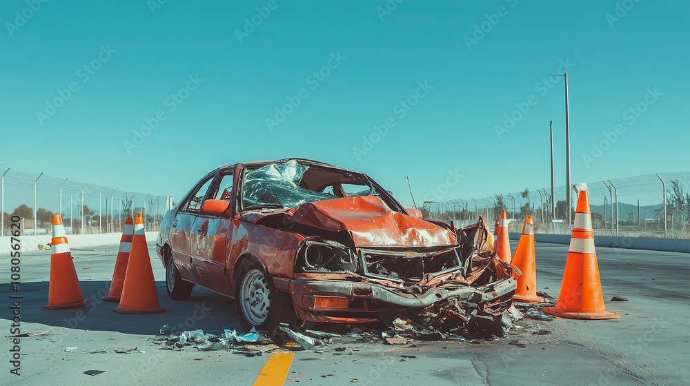 A red car is in a wreck on the side of the road A red car is in a wreck on the side of the road