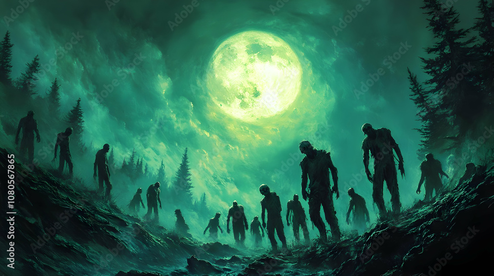 Fototapeta premium Illustration - Zombie Horde Under Green Moon