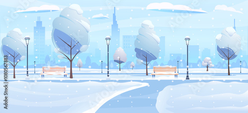 A winter park covered in snow featuring benches, trees, and lampposts. Vector illustration