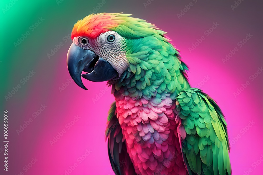 Obraz premium A parrot with a sparkling gradient background in neon pink and green with glowing highlights, Ai Generated