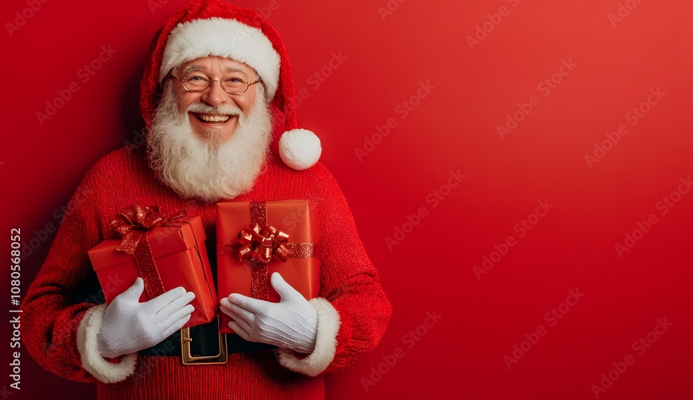 Naklejka premium A happy Santa Claus holds Christmas gifts in his hands on a red background with copy space for text. The portrait of Santa Claus shows him smiling