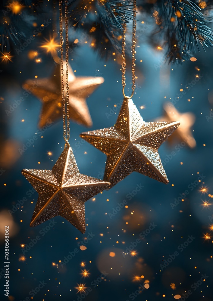 A cluster of gold stars hanging from a tree branch. The stars are illuminated by the light of the stars and the branches. The scene is serene and peaceful, evoking a sense of wonder and awe A cluster of gold stars hanging from a tree branch. The stars are illuminated by the light of the stars and the branches. The scene is serene and peaceful, evoking a sense of wonder and awe
