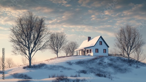 Snow-Covered House on a Hill with Bare Trees at Sunset