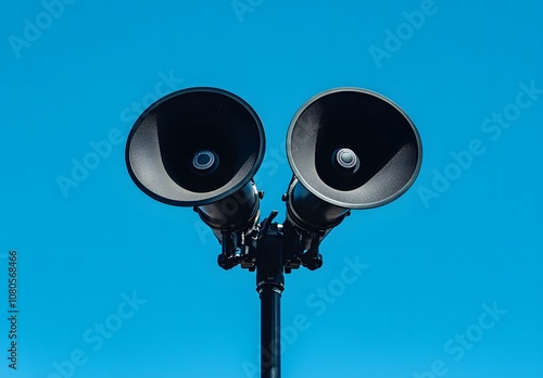 Black loudspeaker with two megaphones on a pole against a blue sky background. photo