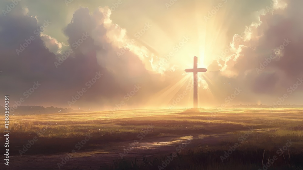 Obraz premium A large cross stands on the horizon of an open field, The sun shines through the clouds in the sky, casting long shadows over everything around.