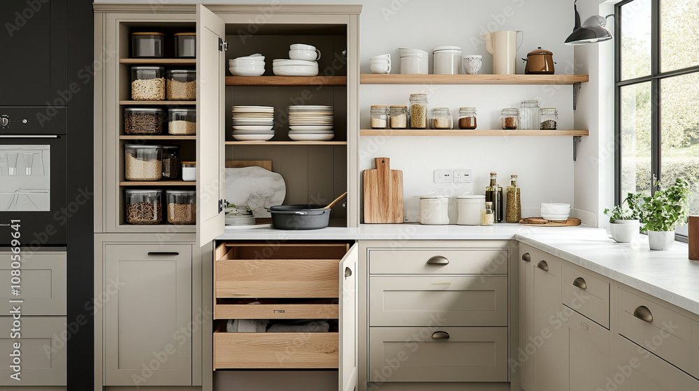 A modern kitchen featuring organized cabinets and shelves filled with various kitchenware, including plates, jars, and cooking utensils, creating clean and inviting atmosphere A modern kitchen featuring organized cabinets and shelves filled with various kitchenware, including plates, jars, and cooking utensils, creating clean and inviting atmosphere