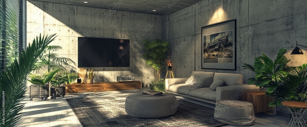 Fototapeta premium Modern Living Room with Concrete Walls, Plants, and Natural Light