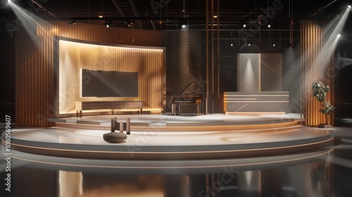 A sleek and modern television studio set featuring elegant lighting, contemporary design, and sophisticated decor, perfect for broadcasting and filming.