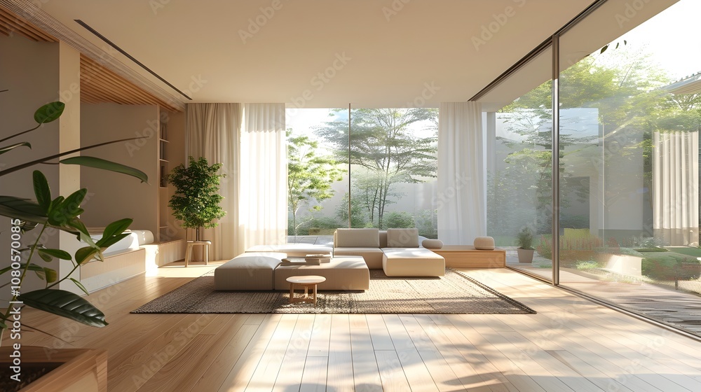 Fototapeta premium Spacious Minimalist Living Room with Refined Home Mockup in 3D Rendering