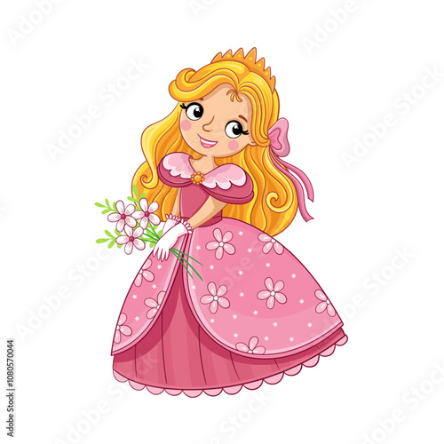 Cute princess with a flower in her hand. Vector illustration in cartoon style