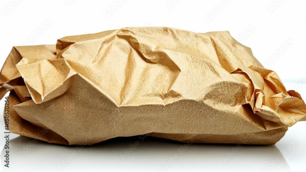 A brown paper bag sits crumpled on a white surface A brown paper bag sits crumpled on a white surface