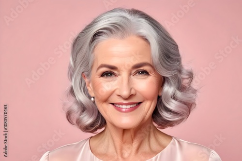 Portrait of a mature smiling woman with silver hair styled in soft waves, wearing a gentle smile, isolated on a pastel pink background, studio shot