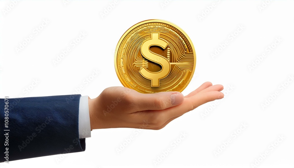 3D rendered hand holding a gold coin with a dollar sign, isolated on white background. Concept of money, finance, and investment. 3D Rendering 3D rendered hand holding a gold coin with a dollar sign, isolated on white background. Concept of money, finance, and investment. 3D Rendering
