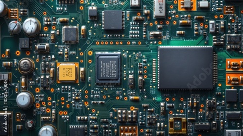 Intricate close-up of a colorful circuit board showcasing components and connections on a microchip in a high-tech setting