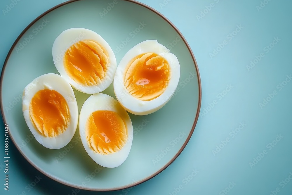Top view of halved boiled eggs on a plate a healthy protein packed breakfast or gourmet meal Top view of halved boiled eggs on a plate a healthy protein packed breakfast or gourmet meal