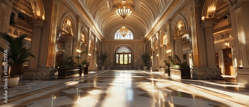 Capture a grand, sweeping lobby scene, showcasing expansive architecture with high ceilings and intricate details in photorealistic quality