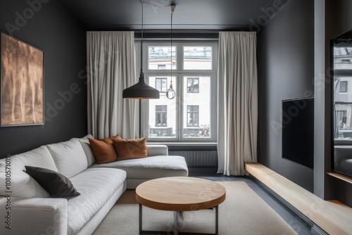 Minimalist interior design of a dark living room 