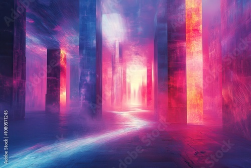 Abstract Cityscape with Glowing Pillars and a Light Trail