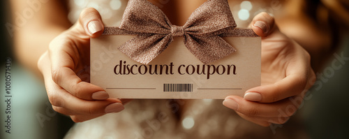 Woman's hands holding elegand discount coupon with barcode. Shallow depth of field. photo