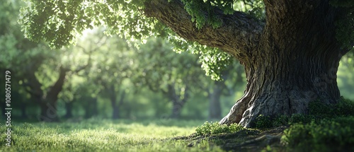 Capture a side view of a majestic, ancient oak tree in a lush green forest, with intricate details on the bark Render in hyper-realistic style photo