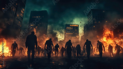 A horde of zombies walks through a burning city. photo