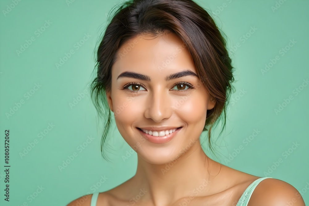 Portrait of a smiling woman with brown hair, natural look, and a warm expression, isolated on a green background. Portrait of a smiling woman with brown hair, natural look, and a warm expression, isolated on a green background.