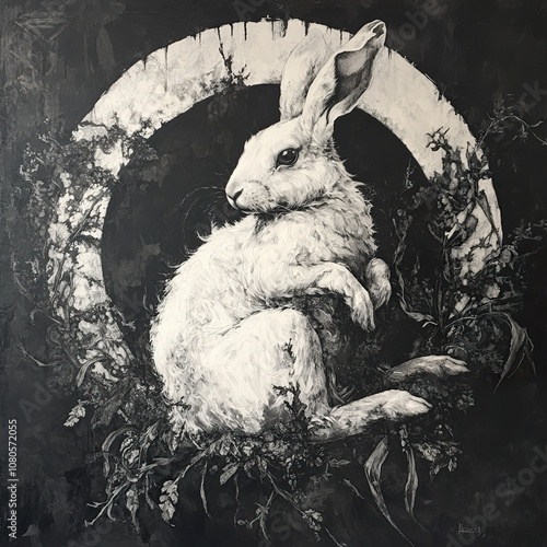 White Rabbit in Moonlight: A Monochromatic Masterpiece of Nature photo