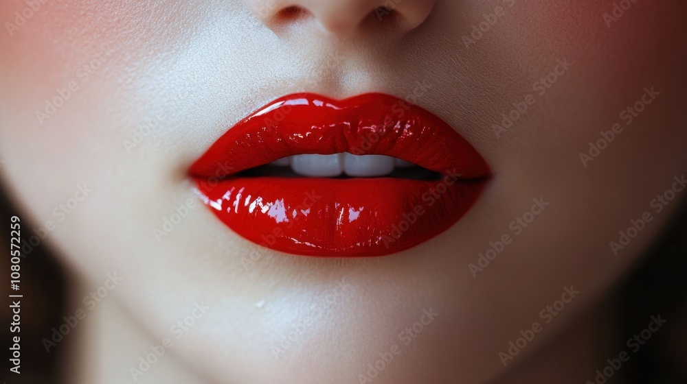 Vibrant red lips shining with gloss highlight beauty in an intimate close-up, emphasizing allure and elegance during a makeup session Vibrant red lips shining with gloss highlight beauty in an intimate close-up, emphasizing allure and elegance during a makeup session