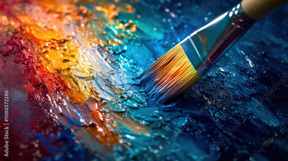 Fototapeta premium vibrant brush creating colorful abstract painting with rich textures. blend of orange, blue, and yellow hues evokes sense of creativity and passion