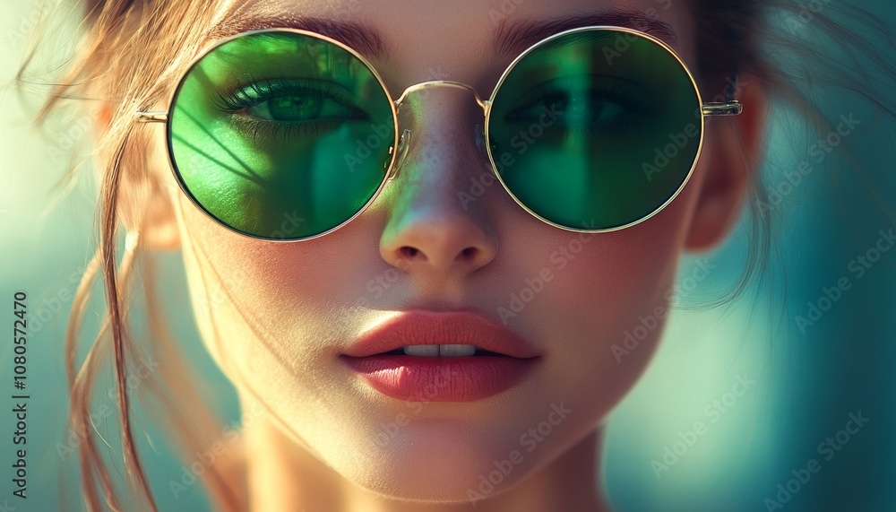 Woman in Round Green Sunglasses Smiling Confidently in Bright Light Woman in Round Green Sunglasses Smiling Confidently in Bright Light