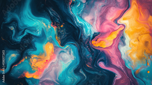 vibrant abstract artwork featuring swirling liquid colors in blue, pink, orange, and yellow tones, creating mesmerizing visual effect