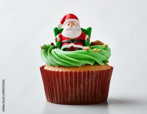 Conceito criativo de sobremesa, cupcake com decoração natalina de papai noel, com chantilly colorido e bolinhas coloridas enfeitando photo