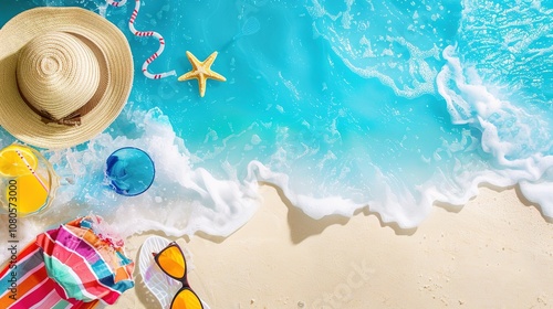 Summer Beach and White Beach Wave Water Background - a serene and refreshing top view visual. The summer beach and wave create a calming and picturesque scene.