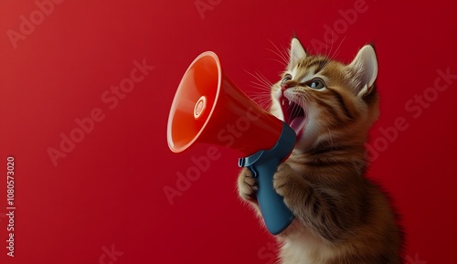 Cute kitten shouting into a megaphone on a red background with copy space, an animal concept for a banner or advertisement.