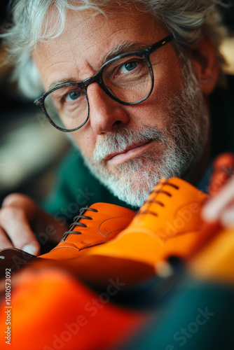A focused man examines collection of colorful shoes, showcasing his interest in footwear design and craftsmanship. His thoughtful expression reflects passion for style and detail