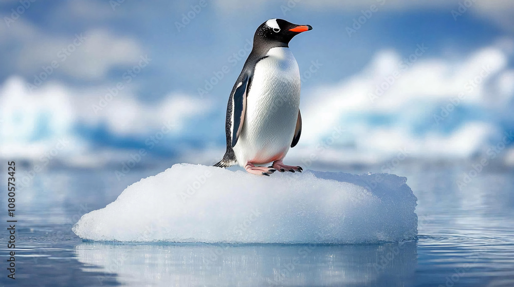 Naklejka premium A lonely penguin on a piece of ice.