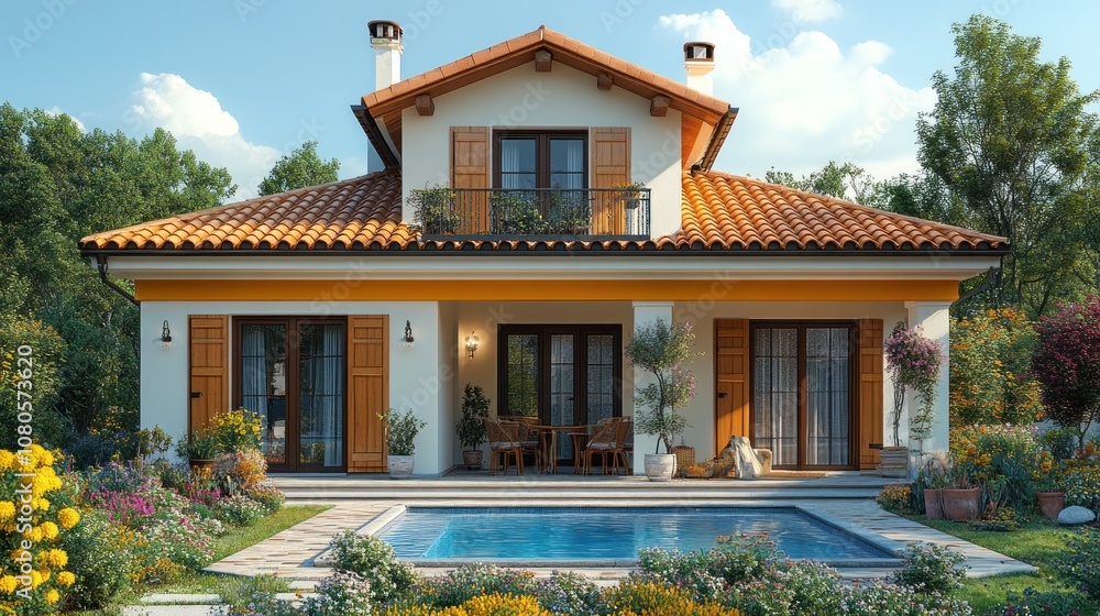 Charming villa with a pool surrounded by vibrant flowers. Charming villa with a pool surrounded by vibrant flowers.