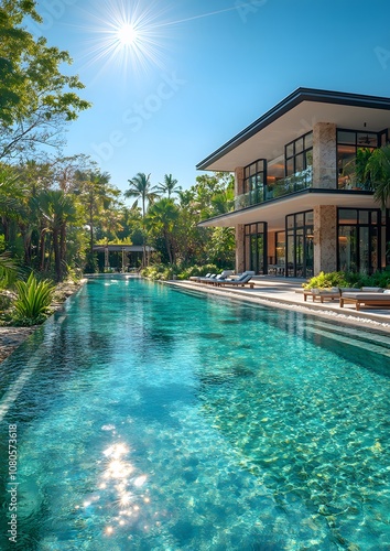A large pool with a house in the background. The pool is surrounded by trees and has a clear blue water