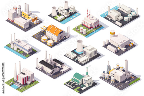 A collection of various industrial factories in isometric style on a clean background. Vector illustration