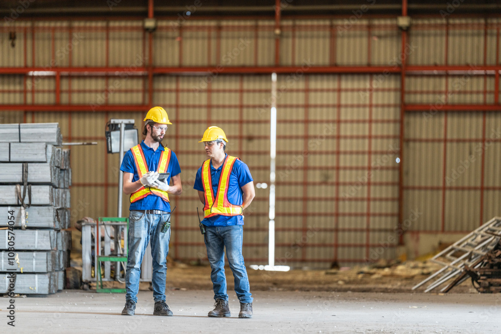 Two construction workers in reflective safety vests and helmets engage in conversation at industrial site. Both wear ear protection, emphasizing a noisy environment, with metal beams in the background Two construction workers in reflective safety vests and helmets engage in conversation at industrial site. Both wear ear protection, emphasizing a noisy environment, with metal beams in the background
