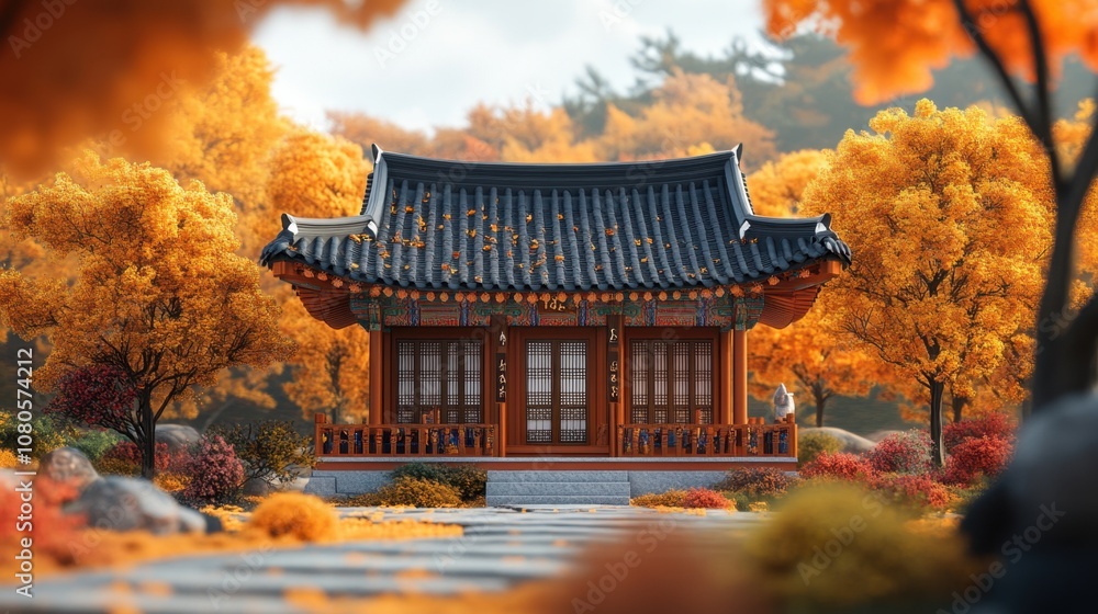 A tranquil autumn day in a serene traditional Asian house surrounded by vibrant orange foliage A tranquil autumn day in a serene traditional Asian house surrounded by vibrant orange foliage