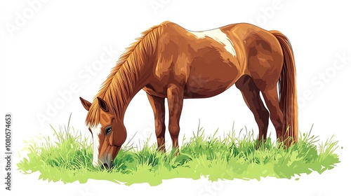 a 2D cartoon illustration of a horse eating grass in a meadow, peaceful and natural, white background--ar 16:9