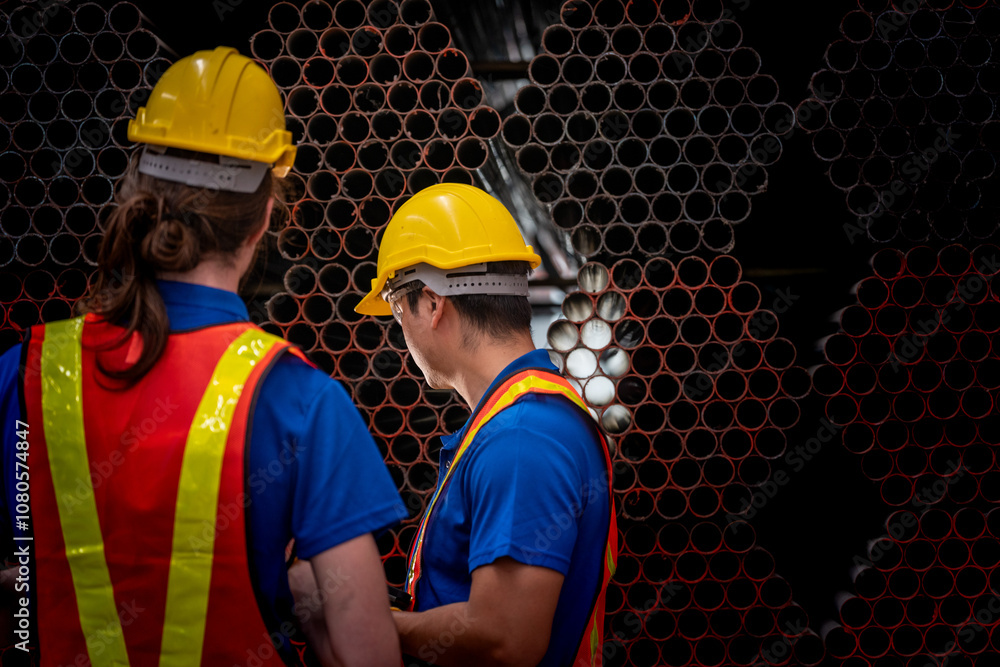Two construction workers, wearing yellow helmets and reflective vests, collaborate in an industrial setting. They review information on a tablet, emphasizing teamwork, technology, and workplace safety Two construction workers, wearing yellow helmets and reflective vests, collaborate in an industrial setting. They review information on a tablet, emphasizing teamwork, technology, and workplace safety