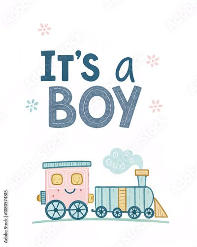 It's a Boy Greeting Card with Pastel Toy Train